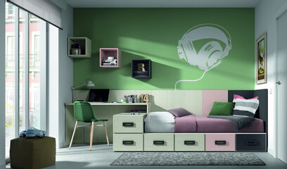 a room with a colorful wall and a bed with a painting on the wall.