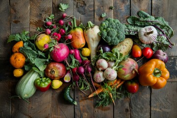 Assortment of fresh, organic vegetables resting on a worn wooden surface, bringing a farm-to-table feel