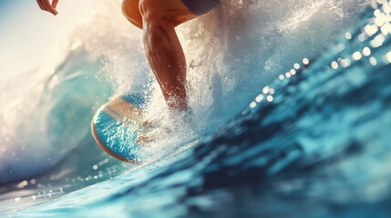 Close-up of a male surfer riding a wave in the ocean. Extreme sport and active life concept