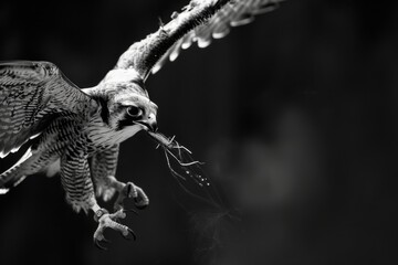 Fototapeta premium Stark black and white shot capturing the intense moment as a falcon descends upon its prey with exact precision