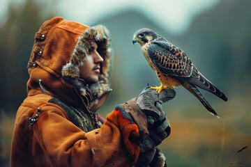 A skilled falconer in a hood and gloves with a magnificent falcon, symbolizing mastery and precision in nature - obrazy, fototapety, plakaty