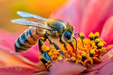 Stunning macro photography captures a bee's intricate details while pollinating a vivid, colorful flower