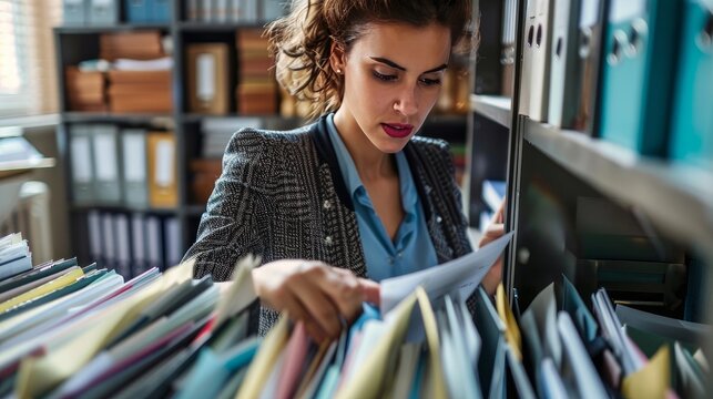 A businesswoman is looking for a document in a drawer at her office.