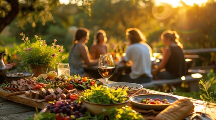 A farm-to-table dining experience set in a lush garden, with a table spread featuring fresh salads, 