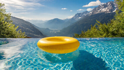 Swimming pool with inflatable ring against the backdrop of a mountain landscape - obrazy, fototapety, plakaty