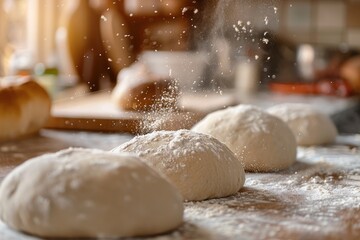 Ready to bake dough balls sprinkled with flour on a wooden kitchen table, with a warm light