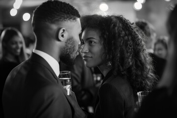 A sophisticated black and white shot capturing an intimate moment between an elegant couple