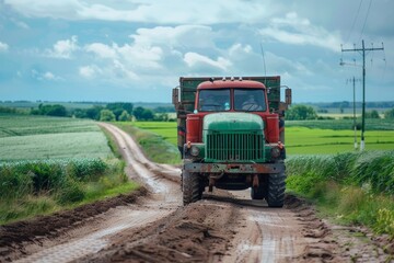 An old, sturdy red truck battles its way through the wet and muddy road of the verdant countryside