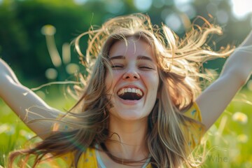 Exhilarating moment captured as a young woman laughs with her arms wide open in a sunny field - obrazy, fototapety, plakaty