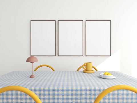 interior three frames mockup gallery wall art set in colorful danish dining room. 3 empty posters, wooden frames on white wall. 3d illustration