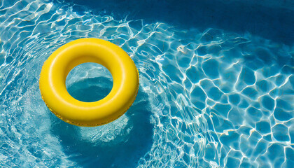 Yellow inflatable ring floating in blue swimming pool water, top view