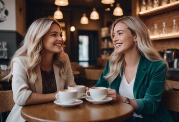 Two women share a joyful moment over cups of coffee in a cozy cafe setting. Their genuine smiles and relaxed posture invite a sense of warmth and friendship. AI generation