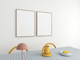 two wooden frames mockup on white wall, colorful dining room. 2 empty posters, natural light and colors furnitures. 3D illustration