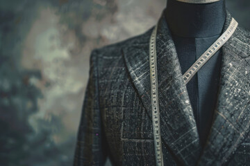 Semi-ready jacket with tailor's measuring tape on mannequin against grey background, closeup. Space for text.