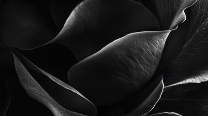Exquisite black and white photograph showcasing the delicate detail of rose petals, emanating a...