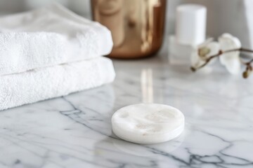 A soft focus image of white fluffy towels, a cosmetic pad and products set on marble surface