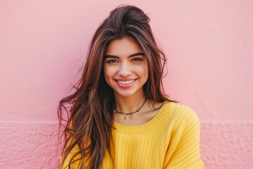 Smiling young brunette woman girl in yellow sweater posing isolated on pastel pink wall background studio portait.
