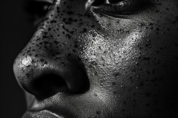 An intimate and detailed portrait focusing on the natural texture and complexion of human skin - obrazy, fototapety, plakaty