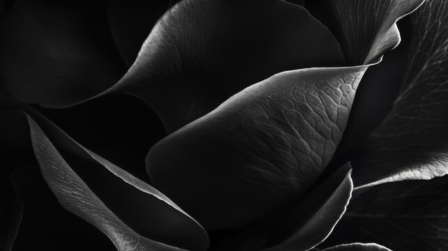 Exquisite black and white photograph showcasing the delicate detail of rose petals, emanating a mysterious ambiance
