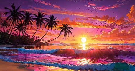 Fototapeta na wymiar This striking artwork depicts the serene beauty of a tropical sunset with the sun dipping low on the horizon. Reflective waters and the silhouettes of palm trees create a peaceful setting. AI