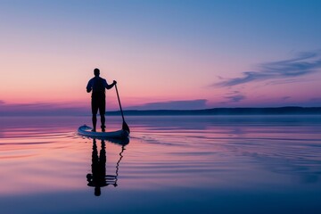 A person is stand-up paddleboarding on a glassy lake under a pastel-colored sky, depicting calmness and the beauty of nature during twilight