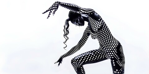 Fototapeta premium Dot girl's silhouette dancing on white background. Digital art and body painting concept. Pointillism illustration for poster, banner, flyer with copy space