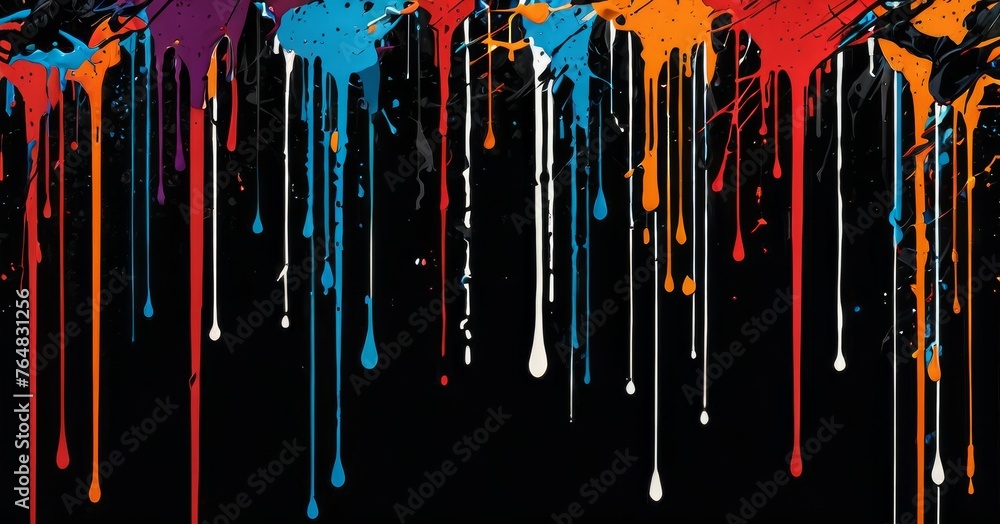 Poster multicolored paint drips create a rhythmic pattern against a stark black backdrop. the colors interp
