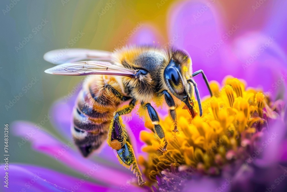 Poster a vivid close-up image of a honeybee busily collecting nectar from a blooming purple flower