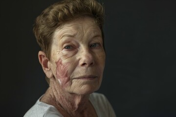 Thought-provoking portrait of an elderly lady with a significant facial scar, pondering deeply