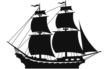 Silhouette of a Pirate Ship, Pirate boats and Old different Wooden Ships with Fluttering Flags
