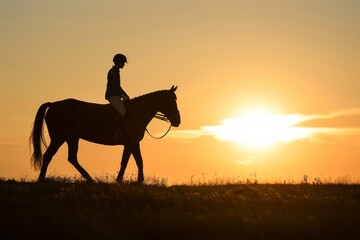 Equestrian rider on a horse in a silhouette against the sunset, epitomizing the beauty of horseback riding