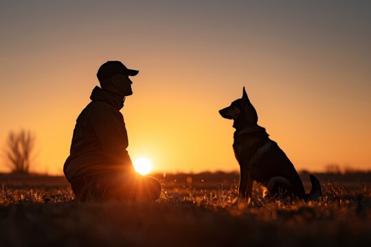 A serene image capturing the bond between a person and their dog against the backdrop of a beautiful sunset, conveying companionship