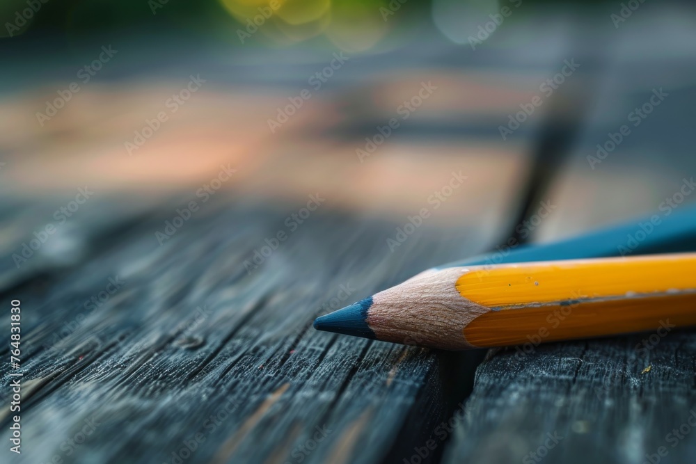 Poster macro photograph displaying a yellow pencil precisely focused on its tip, resting on an old wooden b