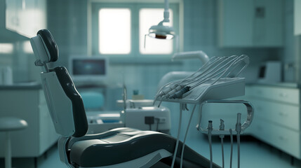 An empty, high-tech dental operatory with modern equipment and a serene atmosphere