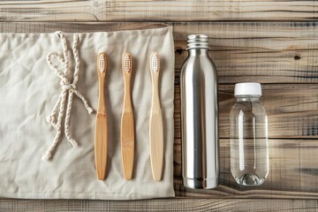 An arrangement of zero-waste products including toothbrushes and bottles promoting eco-friendly daily routines
