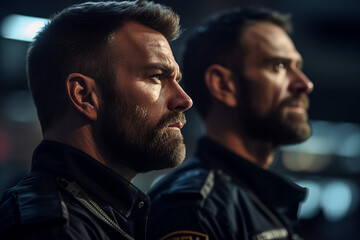 Obraz premium Fictional person Police man woman made with Ai generative technology serious face expression