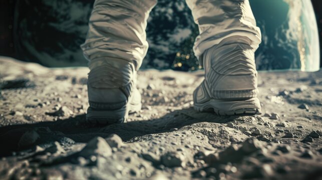 Astronaut in a spacesuit walks on moon. People on moon. Spaceman's legs close-up. Travel into space. Conquest of new planets. Earth satellite. Cosmonaut discovery mission. Nasa trip.