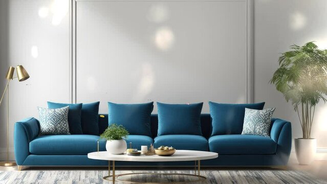 3D rendering. Living room interior with blue sofa.
