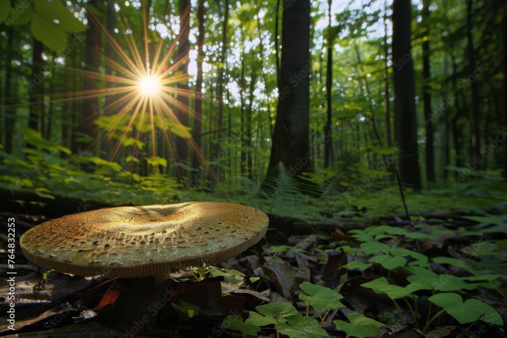 Poster the forest setting provides a majestic backdrop to the broad mushroom cap accentuated by the sunligh