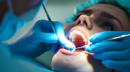 Dental Examination in Progress, Close-up view of a dental check-up with patient and dentist in a clinic