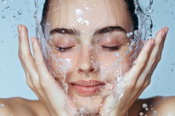 Precision image of splashing water on a woman's face conveying refreshment, hydration, and skincare