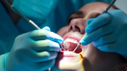 Dental Examination in Progress, Close-up view of a dental check-up with patient and dentist in a clinic