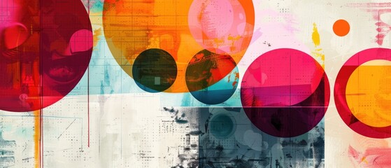 Modern abstract blend of vibrant geometric shapes and circles with textures