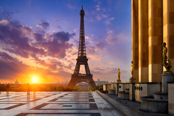 View of Eiffel Tower from Jardins du Trocadero in Paris, France. Eiffel Tower is one of the most iconic landmarks of Paris - 764832270