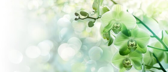 White and green orchids blooms on branch, blurred bokeh background. Luxury, wedding card, banner.