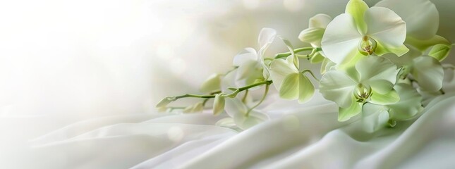 White and green orchids blooms on branch, blurred bokeh background. Luxury, wedding card, banner.