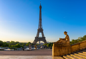View of Eiffel Tower from Jardins du Trocadero in Paris, France. Eiffel Tower is one of the most iconic landmarks of Paris - 764833054