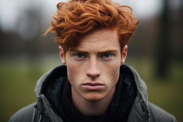 Fototapeta premium AI generated portrait of a handsome male red haired boy student walking in city during fall season outside