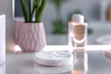 A pristine composition of skincare items and a plant pot in soft focus