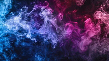A blend of blue, pink, and purple vape smoke isolated on a black background, creating a colorful and atmospheric effect - obrazy, fototapety, plakaty